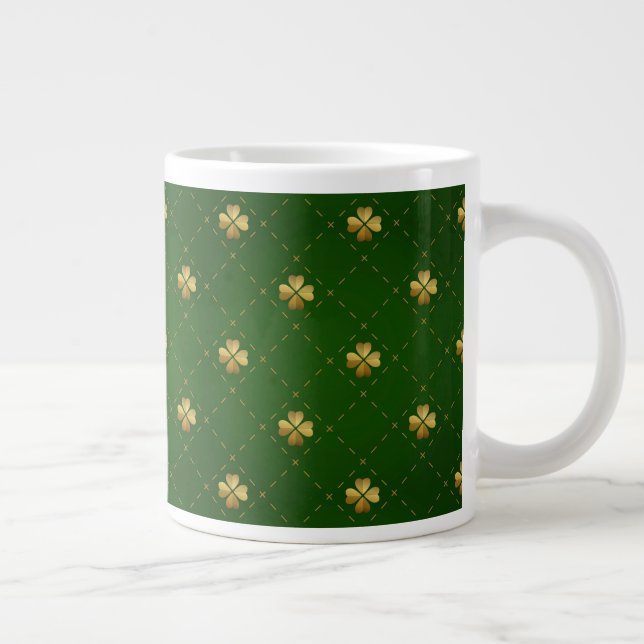 Golden Green Clover Pattern Large Coffee Mug (Right)