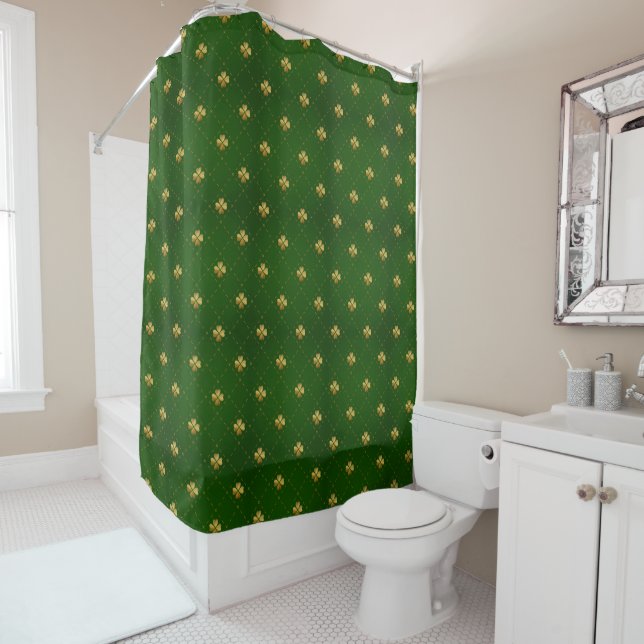 Golden Green Clover Pattern Shower Curtain (In Situ)