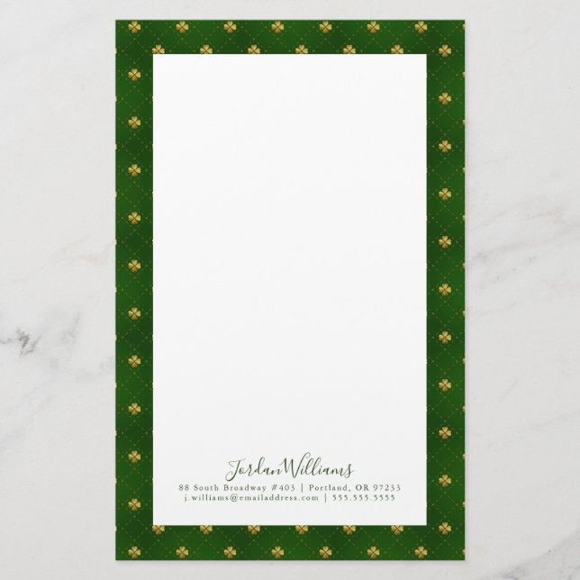 Golden Green Clover Pattern Stationery (Front)