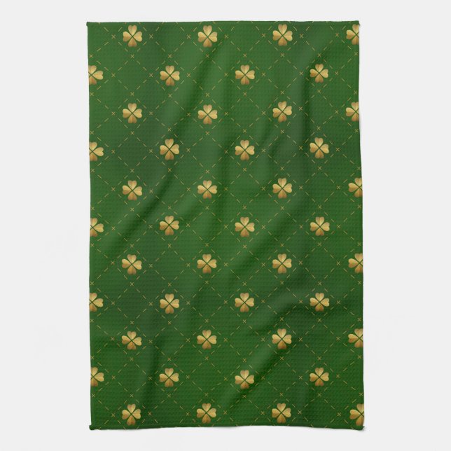 Golden Green Clover Pattern Tea Towel (Vertical)