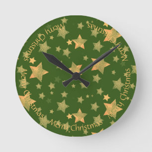Golden Green Elegant Vintage Christmas Star Round Clock