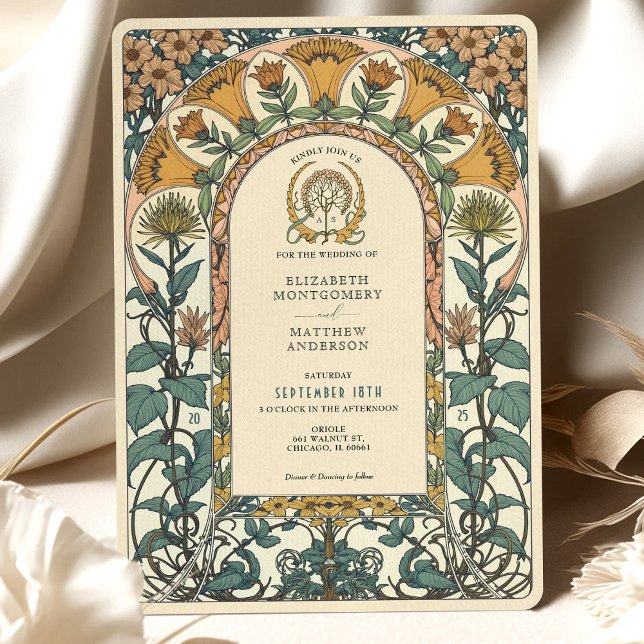 Golden & Green Florals Art Nouveau Wedding Invitation (Creator Uploaded)