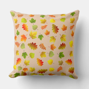 Golden, Green, Orange Autumn Leaves on Beige Cushion