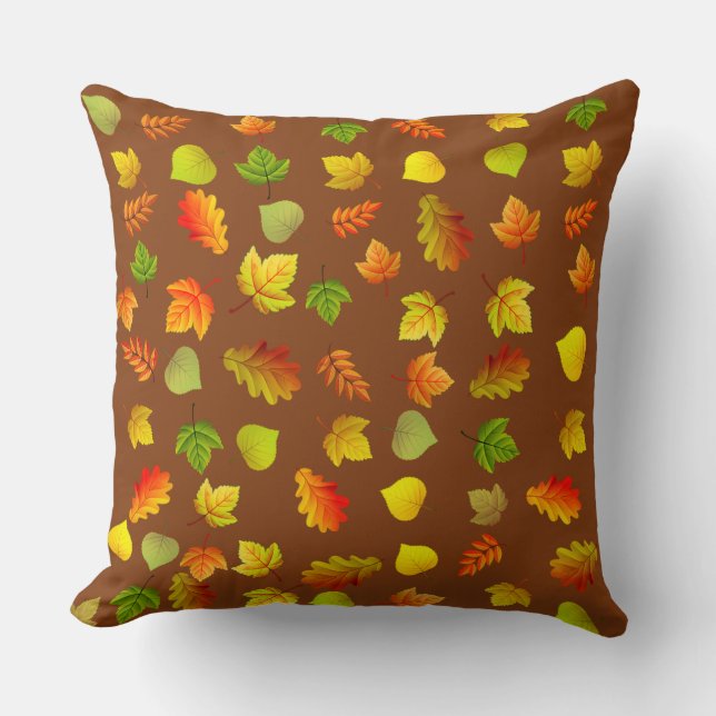 Golden, Green, Orange Autumn Leaves on Brown Cushion (Front)