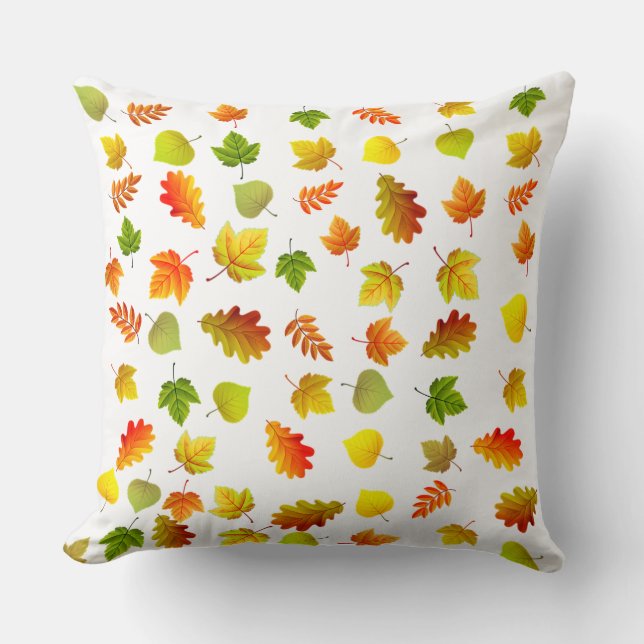 Golden, Green, Orange Autumn Leaves on White Cushion (Front)
