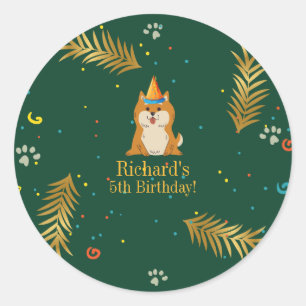 Golden Green Puppy Dog Kid's Birthday Classic Round Sticker