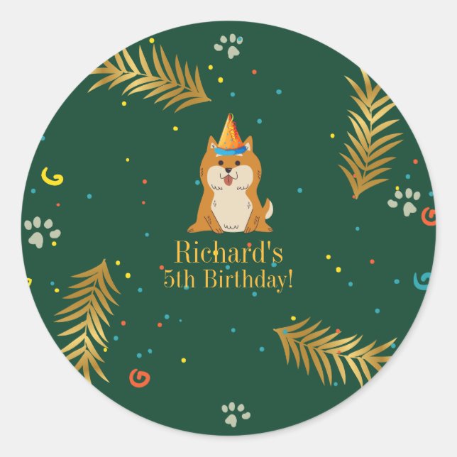 Golden Green Puppy Dog Kid's Birthday Classic Round Sticker (Front)