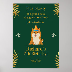 Golden Green Puppy Dog Kid's Birthday Poster