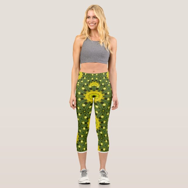 Golden Green Sunburst Kaleidoscope Floral Pattern  Capri Leggings (Front)