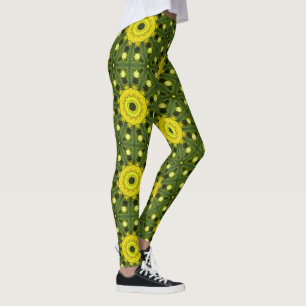 Golden Green Sunburst Kaleidoscope Floral Pattern Leggings