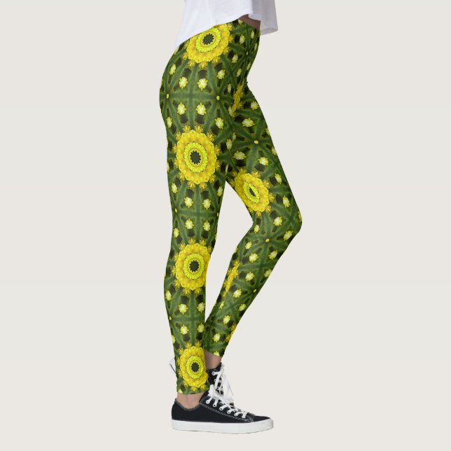 Golden Green Sunburst Kaleidoscope Floral Pattern  Leggings (Right)