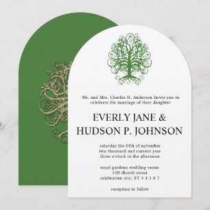 Golden Green Swirl Tree Roots of Love Wedding  Inv Invitation