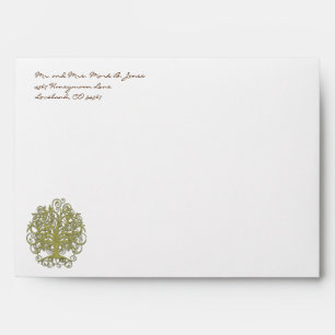 Golden Green Tree Swirl Wedding Envelopes