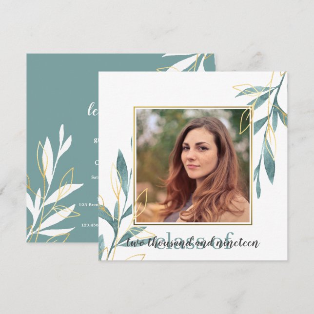 Golden Green Watercolor Floral Graduation Invitation (Front/Back)