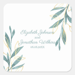 Golden Green Watercolor Floral Wedding Square Sticker
