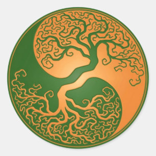 Golden Green Yin Yang Tree Classic Round Sticker