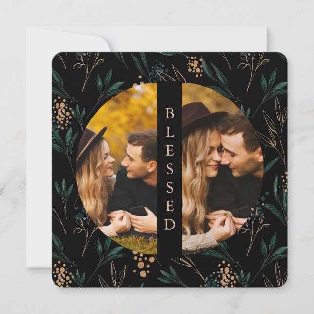 Golden Greenery Blessed Two Photo Black Holiday Card (Front)