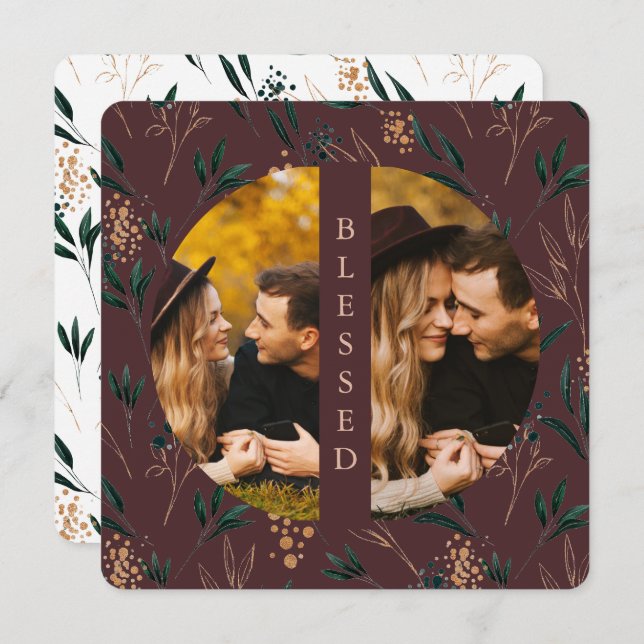 Golden Greenery Blessed Two Photo Eggplant Holiday Card (Front/Back)