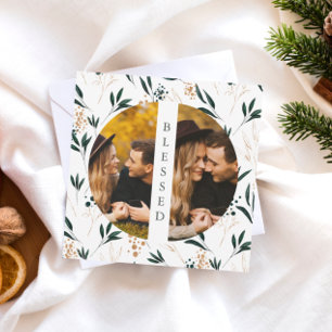 Golden Greenery Blessed Two Photo Holiday Card