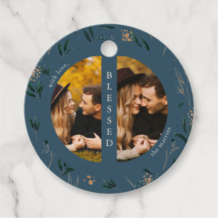 Golden Greenery Blue Two Photo Christmas Holiday Favour Tags