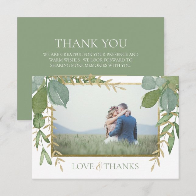 Golden Greenery Flat Wedding Thank You Card (Front/Back)