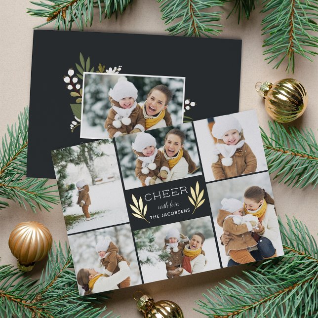 Golden Greenery | Photo Collage Foil Holiday Card (Creator Uploaded)