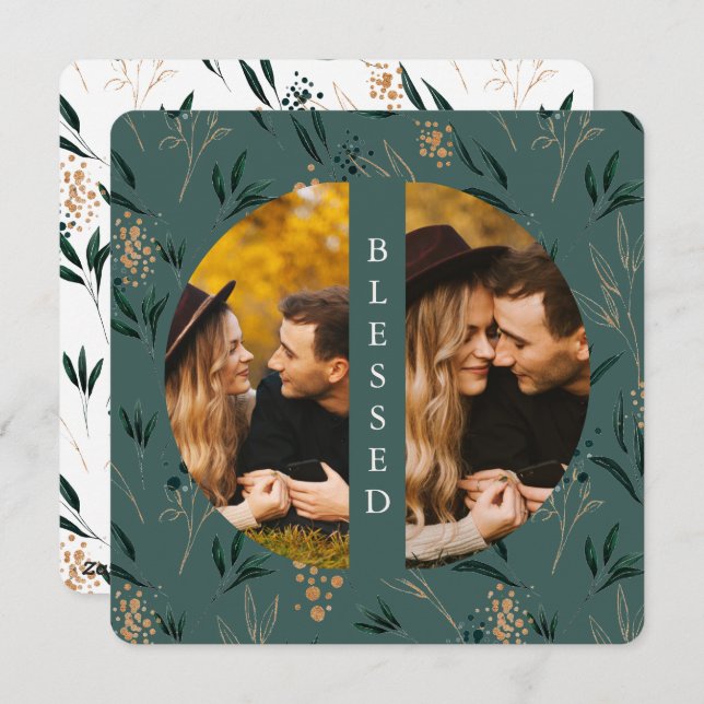 Golden Greenery Teal Blessed Two Photo Holiday Card (Front/Back)