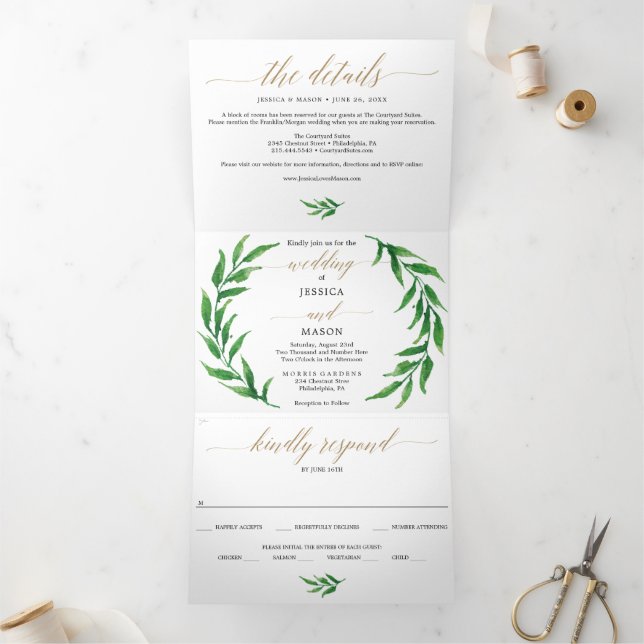 Golden Greenery Wedding Tri-Fold Invitations (Inside)