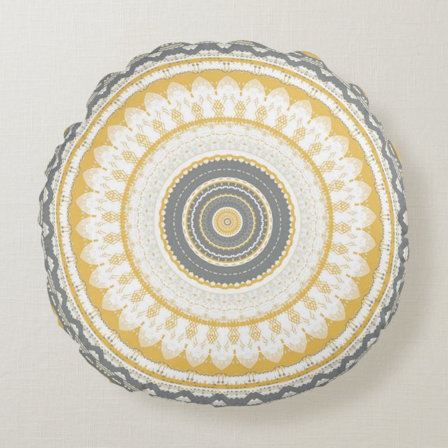 Golden Grey Mandala Round Cushion (Front)