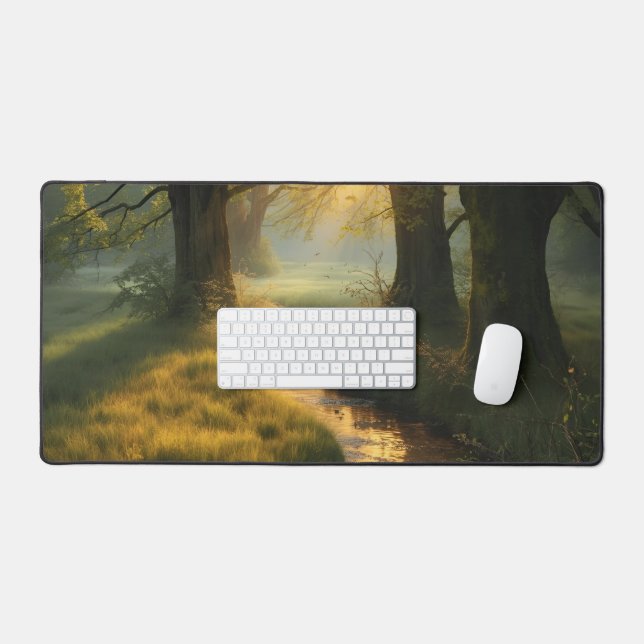 Golden Grove Sunrise – Tranquil Sunlit Forest Stre Desk Mat (Keyboard & Mouse)