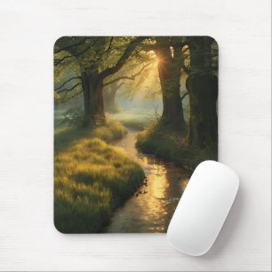 Golden Grove Sunrise – Tranquil Sunlit Forest Stre Mouse Mat