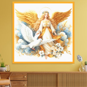 Golden Guardian Angel with White Bird Canvas Print
