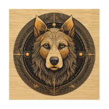 Golden Guardian: Tribal Wolf Wood Art