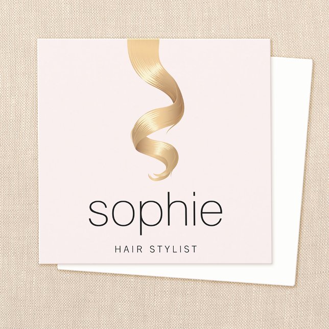 Golden Hair Extension Salon Hairdresser Square Business Card (blonde hair curl extension on print background.)