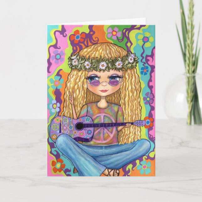 Golden Hair Hippie Chick Purple Guitar Peace Sign Card (Front)