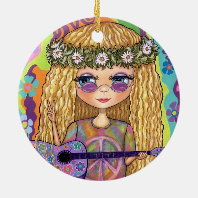 Golden Hair Hippie Chick Purple Guitar Peace Sign Ceramic Tree Decoration (Back)