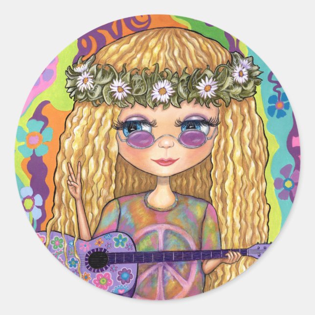 Golden Hair Hippie Chick Purple Guitar Peace Sign Classic Round Sticker (Front)
