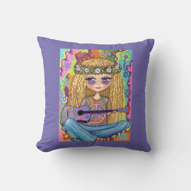 Golden Hair Hippie Chick Purple Guitar Peace Sign Cushion (Front)