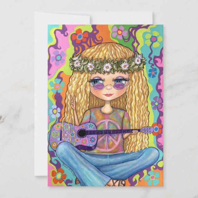 Golden Hair Hippie Chick Purple Guitar Peace Sign Invitation (Front)