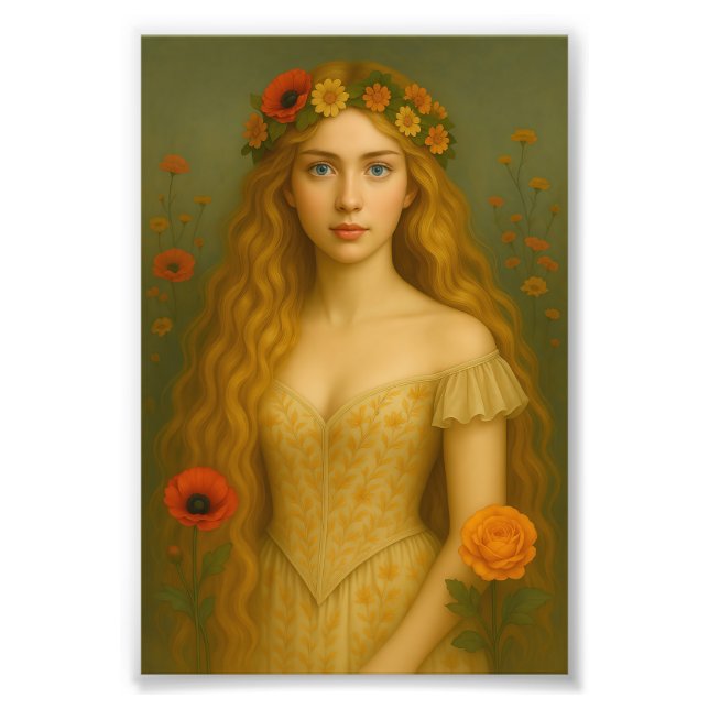 "Golden-Haired Girl with Flower Crown – Elegant Ro Photo Print (Front)