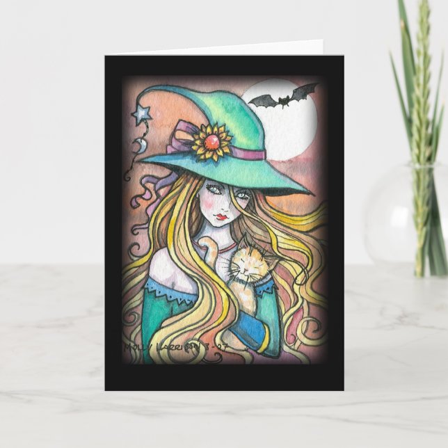 Golden Haired Witch Cat Halloween Card (Front)