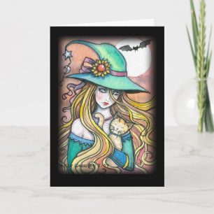Golden Haired Witch Cat Halloween Card