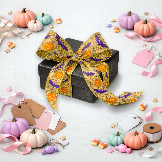 Golden Halloween Pumpkin Bat Pattern Satin Ribbon (Creator Uploaded)
