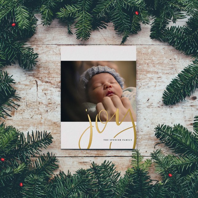 Golden Hand Lettered Joy Photo Gold Foil Holiday Card (Hand-lettered JOY in gold foil holiday Christmas photo card.)