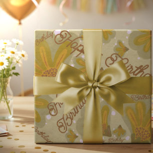 Golden Hand Painted Flowers Wrapping Paper Sheet