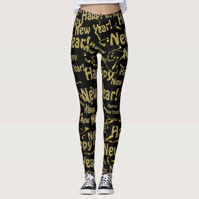 golden happy new jear text in black leggings (Front)