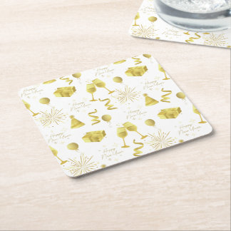 Golden Happy New Year Pattern Square Paper Coaster