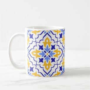 Golden Harmony Blue Floral Mosaic Elegant Coffee Mug