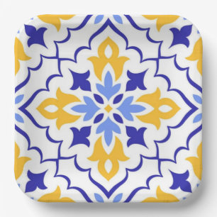 Golden Harmony Blue Floral Mosaic Elegant Paper Plate
