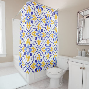 Golden Harmony Blue Floral Mosaic Elegant Shower Curtain